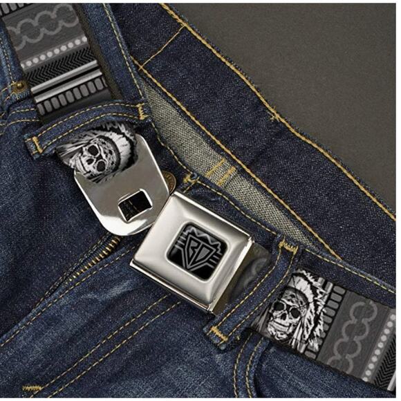 Buckle-Down Seatbelt 1" Belt Native American Skull | KIDS 20-36" | Black Grey - Picture 2 of 3